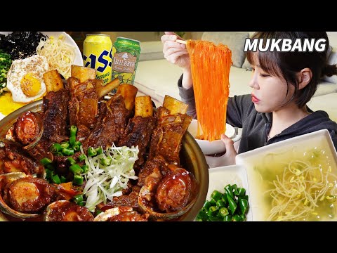 Видео: титр) Braised spicy beef ribs Glass noodles Abaloneh Hot pepper Beer Bibimbap realsound asmr mukbang
