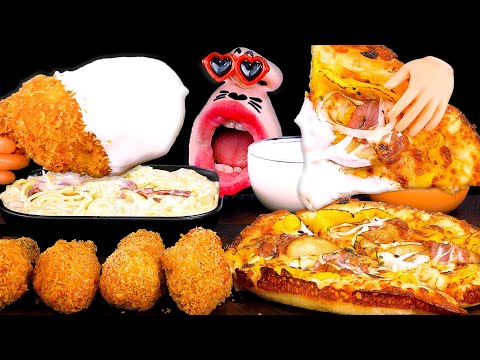 Видео: Картофельная пицца с беконом, жареная курица и паста со сливками! ASMR Mukbang Eating Show!