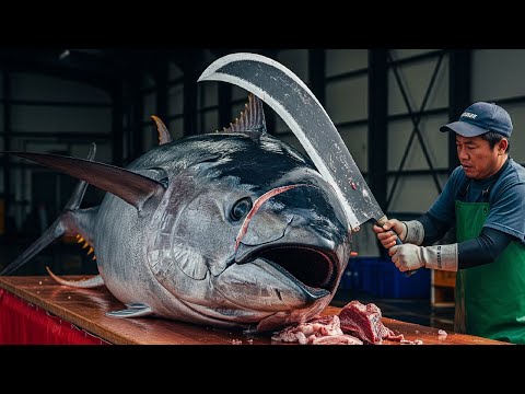 Видео: БЕЗУМНАЯ нарезка голубого тунца весом 990 фунтов — каждый ломтик идеален!