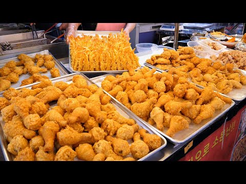 Видео: непомерно! Продам огромную сумму. Жареный цыпленок по-корейски, креветки. / Korean Street food