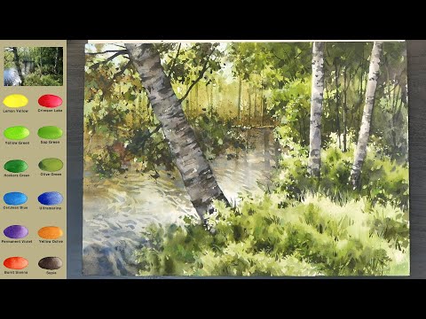 Видео: Без эскиза Пейзаж Акварелью - Деревья и озеро (скорость 2X, просмотр названия цвета)