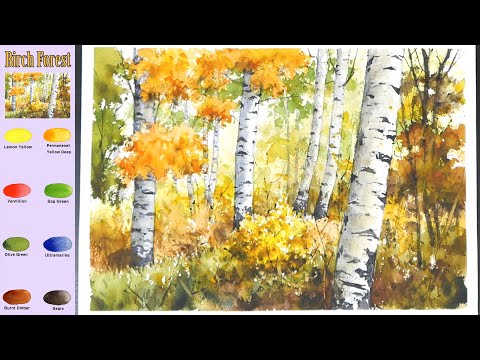 Видео: Березовый лес -  Пейзаж Акварель  (эскиз и  просмотр имени цвета,  материал представить)