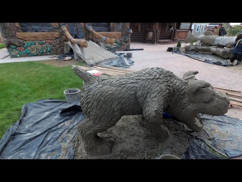 Видео: скульптура СОБАКИ  изготовление  шерсти  собаки  из  цемента.