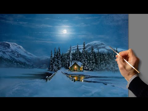 Видео: Полнолуние - Зимний пейзаж. Живопись акрилом. Уроки рисования. Искусство. Красивая картина. Хобби.