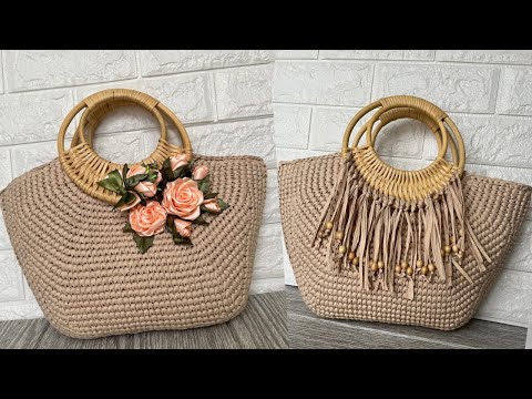 Видео: Сумка-корзинка крючком из рафии с ротанговой ручкой. Raffia crochet basket bag with rattan handle