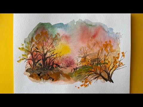 Видео: Простой рисунок акварелью! Осень в деревне