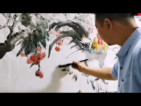 Видео: Петух и личи - китайская акварельная живопись