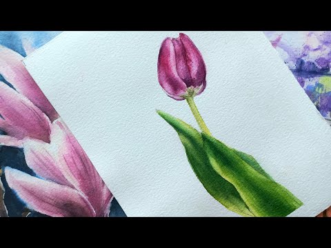 Видео: Тюльпан акварелью - сюжет для открытки на 8 марта. Watercolor painting tutorial - flowers.