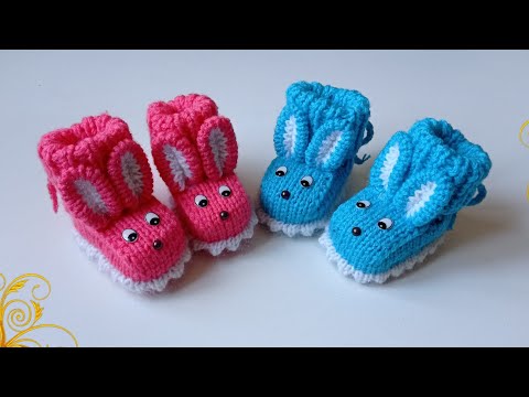 Видео: пинетки спицами ЗАЙКИ. два размера. часть2