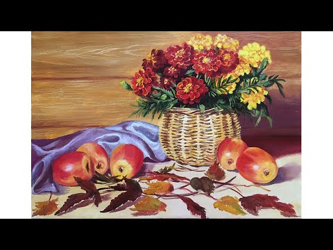 Видео: Натюрморт с бархатцами, холст 35x45, масло