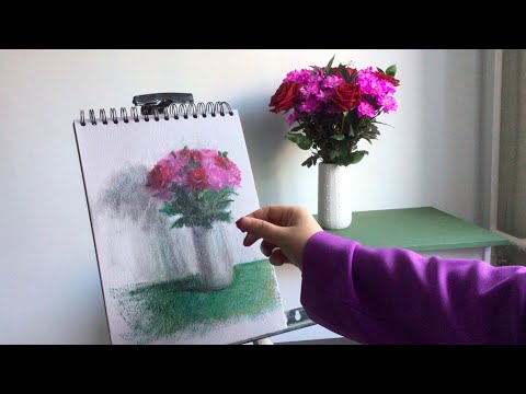 Видео: 🌸 Мягкая зарисовка букета в вазе масляной пастелью от Малевич 🌺
