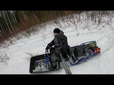 Видео: Мотобуксировщик толкач Альбатрос-XL10! По глубокому сильно сырому снегу! 