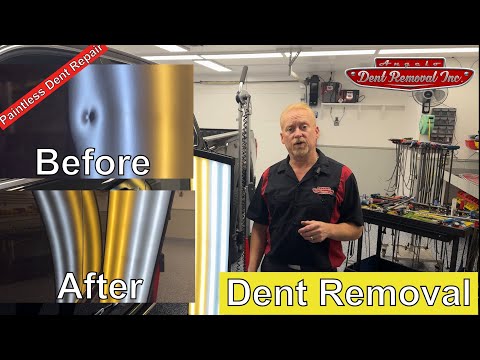 Видео: Как Dent Repair удаляет острые вмятины / Ремонт вмятин без перекраски на автомобиле в Сан-Анджело...