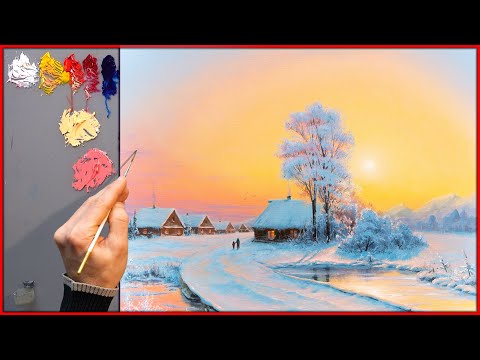 Видео: Зимний пейзаж - закат. Живопись акрилом. Уроки рисования. Искусство. Красивая картина. Хобби.