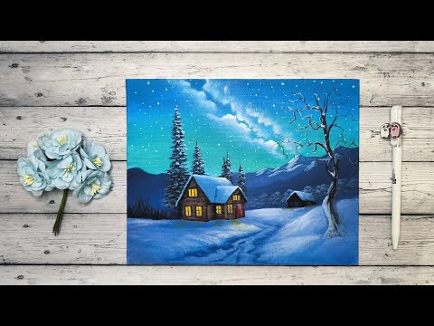Видео: Рисуем зимнюю ночь акриловыми красками. Видеоинструкция.