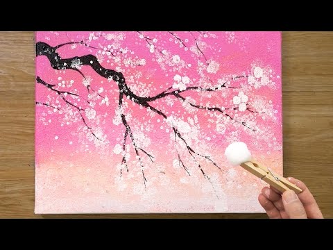 Видео: Вишневое дерево под розовым небом / Техника рисования хлопком # 469