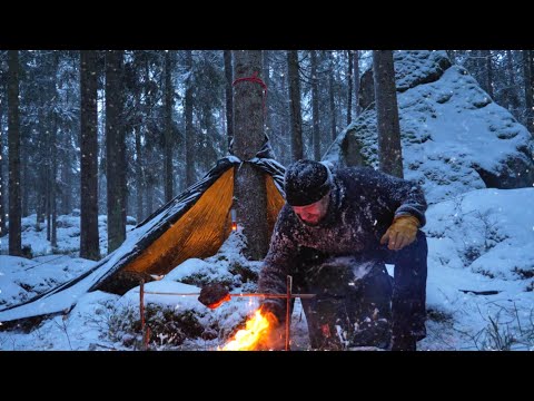 Видео: Зимний кемпинг в снегопад - Установка брезента Forester Tree Hug - Spit Roast - Bushcraft Bowsaw