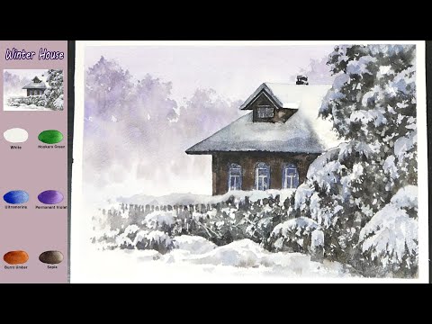 Видео: Без эскиза  Пейзаж Акварель -  Зимний дом  (Просмотр имени цвета и  акварельный материал)