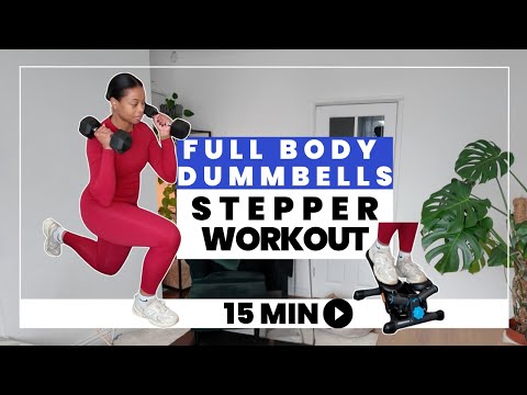 Видео: 15-минутная тренировка на мини-степпере для всего тела с гантелями | Низкоинтенсивное кардио и си...