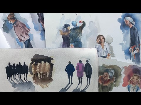 Видео: Люди в городе - рисуем акварелью людей. People in the city - watercolor painting.