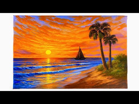 Видео: Рисование заката | Морской пейзаж | Рисование акриловыми красками
