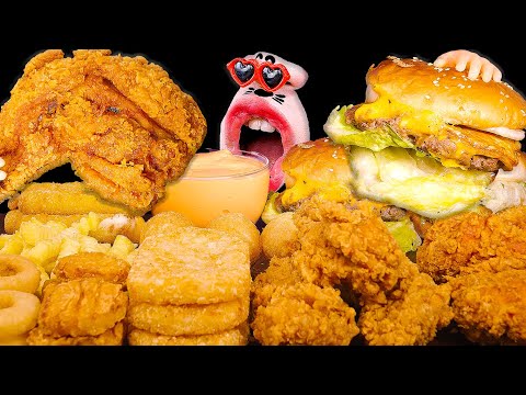 Видео: Бургер с креветками, бургер с говядиной на гриле и жареная курица! 🍤🥩🍔🍗 ASMR Mukbang Eating Show :)