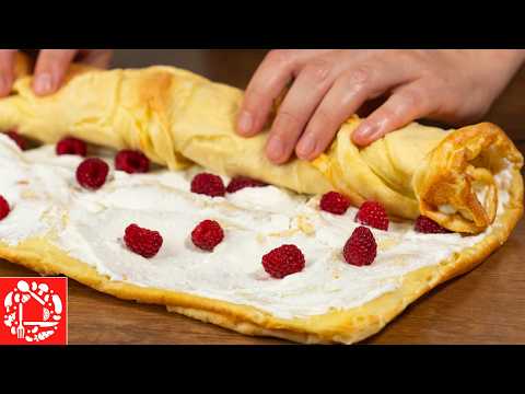 Видео: Шедевр за 15 минут! Блинный рулет с творожным кремом и ягодами!