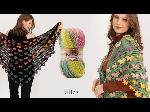 Видео: Шаль бабочка крючком с Alize Angora Gold Batik