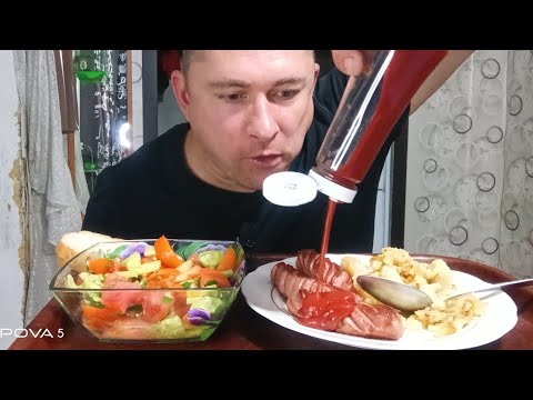 Видео: Мукбанг/обжорыч/вкусняшки/жареная картошка, жареные сосиски, овощной салат/mukbang/devoured/