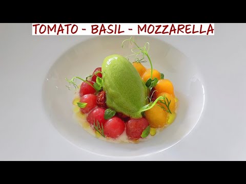 Видео: Томатный салат с маринованными помидорами, базиликовым сорбетом и взбитой моцареллой