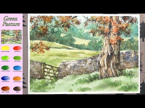 Видео: Без эскиза Пейзажная акварель - Зеленое пастбище (смешение цветов, Arches) NAMIL ART