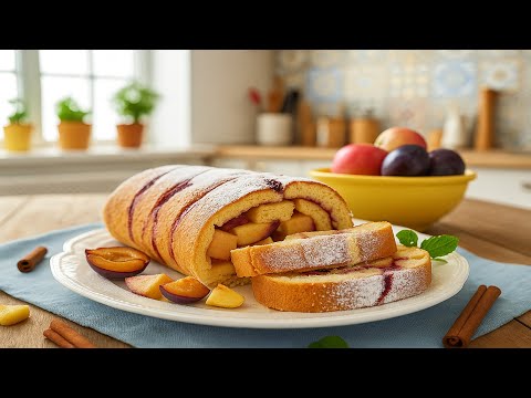 Видео: Осенний рулет с яблоками и сливами 🍎🍇 | Нежный бисквит пошагово