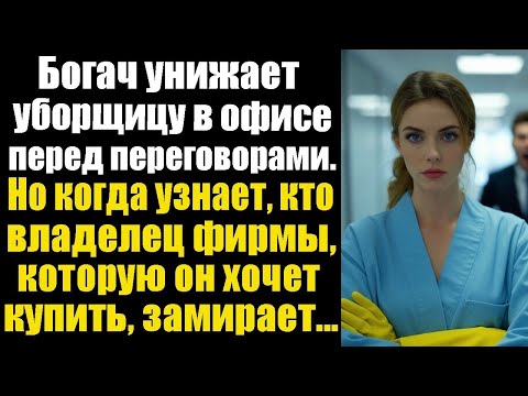 Видео: Богач унижает уборщицу в офисе перед переговорами. Но когда узнаёт, кто владелец фирмы, которую он