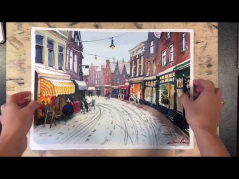 Видео: Рисуем акварелью городской пейзаж Амстердам "Тепло зимы" акварелью.