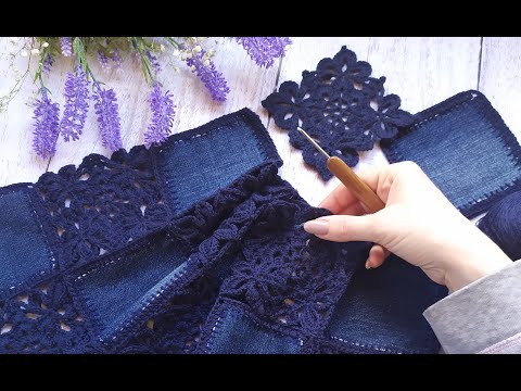 Видео: Кардиган "Jeans". Крючок + ткань. Часть 4. Соединение мотивов.