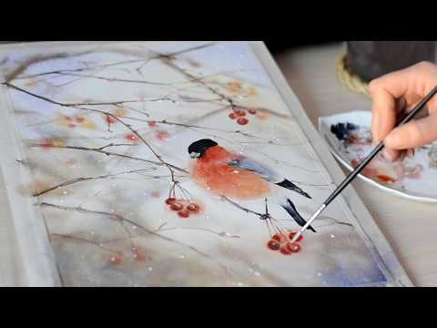 Видео: Картина акварелью Снегирь.