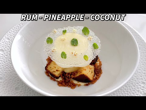 Видео: Изысканный десерт «Пина Колада» с канеле, ананасовым сорбетом, кокосовой пеной и ромовым изюмом