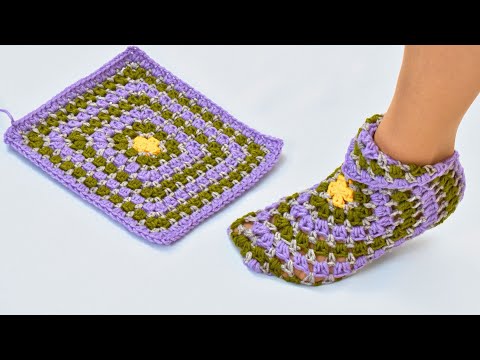 Видео: Тапочки крючком в стиле «бабушкин квадрат» Miarti🧶