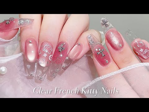 Видео: sub) Прозрачные ногти с рисунком кошечки на французском🤭💗/🇰🇷Корейский маникюр / Дизайн ногтей / asmr
