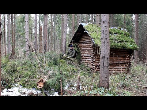Видео: Дом Бушкрафта среди упавших деревьев. Ночевал в заброшенной бревенчатой ​​избе, как наши предки.