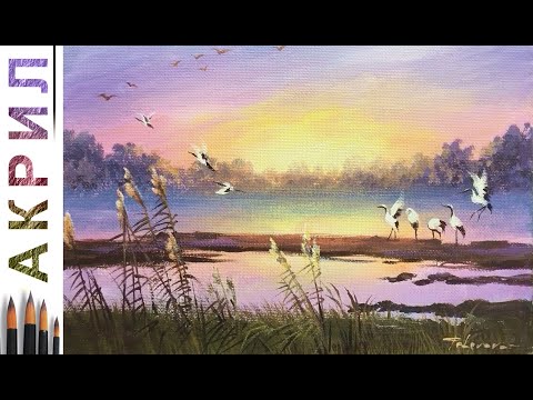 Видео: Сиреневый закат. Аисты. Как нарисовать пейзаж 🎨АКРИЛ! Сезон 6-9 | Мастер-класс ДЕМО