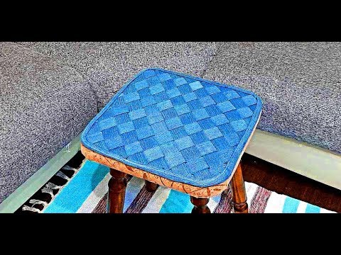 Видео: Джинсовая плетёная подушка  на табурет или офисный стул denim wicker bedding on a chair