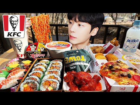 Видео: ASMR MUKBANG Огненная лапша и жареный цыпленок, бургер, сырная палочка, Круглосуточный магазин, KFC