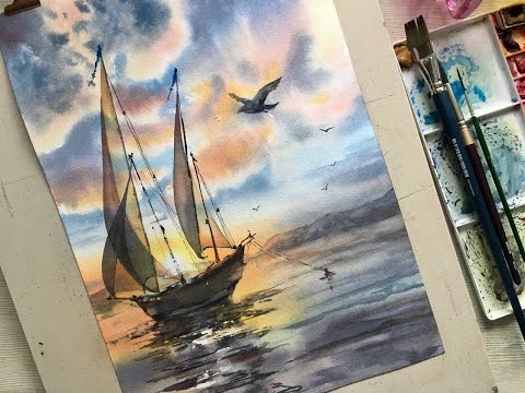 Видео: Как нарисовать корабль акварелью / Море, небо, корабль / Демо Максимовой Ксении