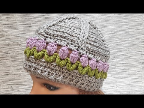 Видео: Шапка на весну крючком с цветочным узором🌸🌸🌸