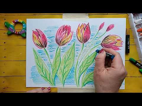 Видео: Рисуем цветы восковыми мелками или масляной пастелью. Тюльпаны.