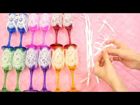 Видео: Оформление свадебных фужеров с помощью кружева. Wedding accessories