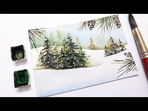 Видео: Пошаговое рисование зимних сосен » Как нарисовать акварелью зимний пейзаж для начинающих