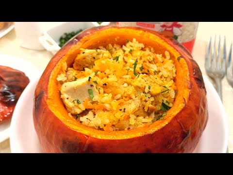Видео: Тыква, фаршированная рисом и курицей, в духовке