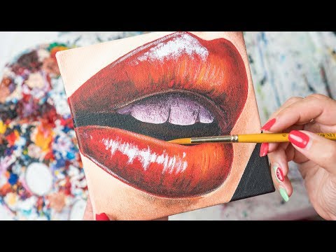 Видео: Губы с Kрасным блеском - Рисование акрилом / Homemade Illustration (4k)